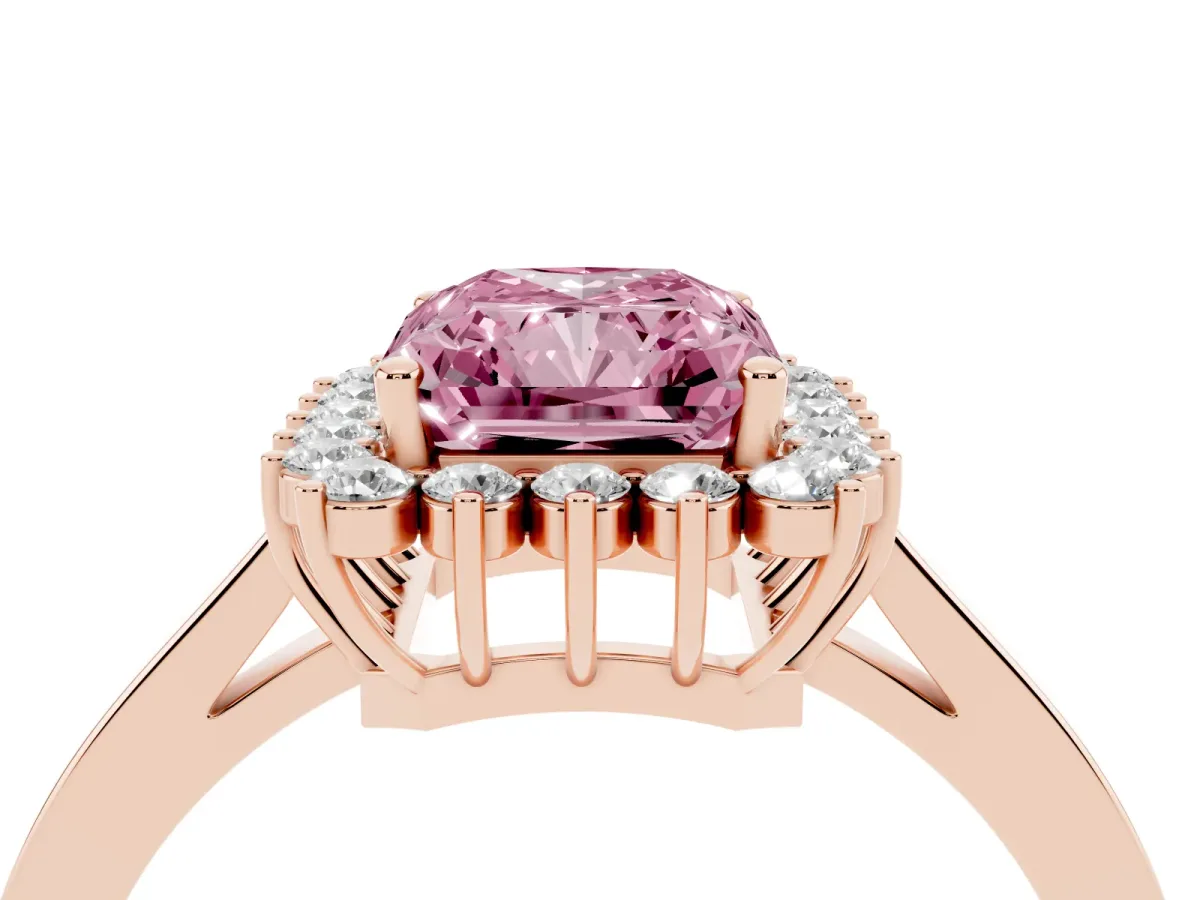 Fancy Pink Radiant Cut Cut Diamond Halo Ring with Round Brilliant Halo and Solitaire Band Rose gold