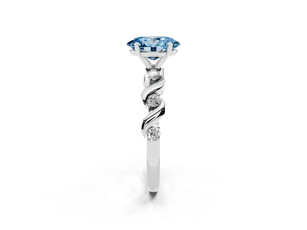 Fancy Blue Oval Cut Diamond Solitaire Twisted Band with Round Accents and Prong Setting Platinum