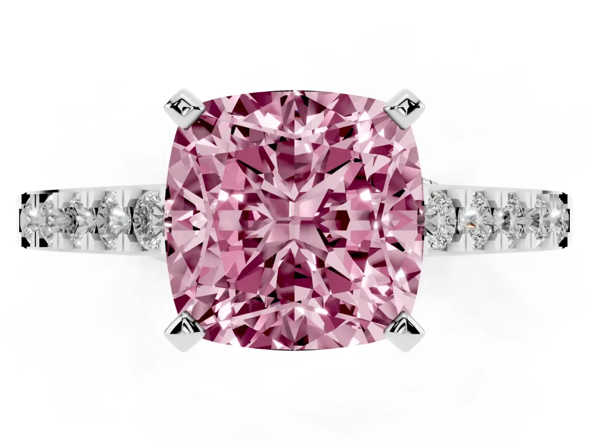 Fancy Pink Cushion Cut Diamond Solitaire Ring with Crossover Gallery and Round Pavé Band White gold