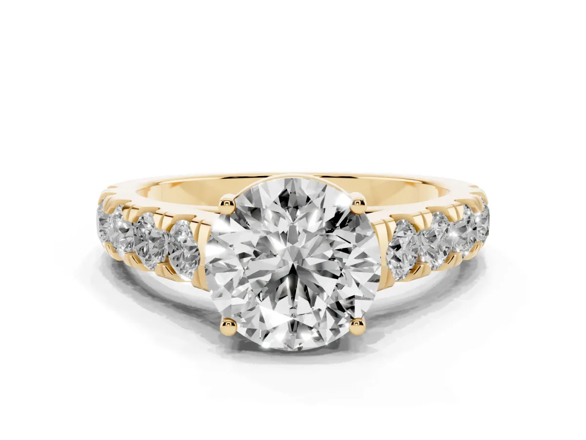 Round Cut Cut Diamond Solitaire Ring with Micro Pave Band and Prong Setting Yellow gold
