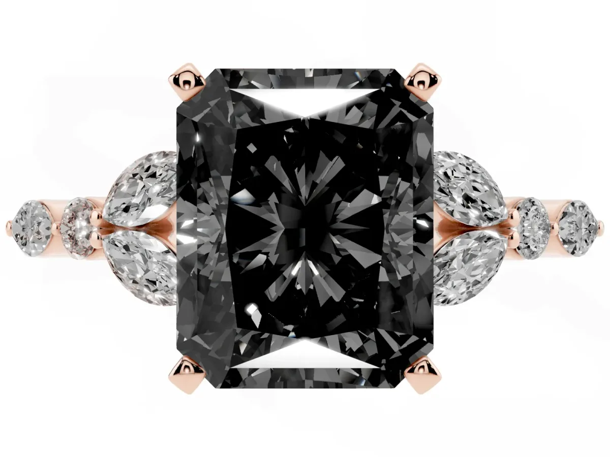 Fancy Black Radiant Cut Diamond Solitaire Ring with Side Stones and Four-Prong Setting Rose gold