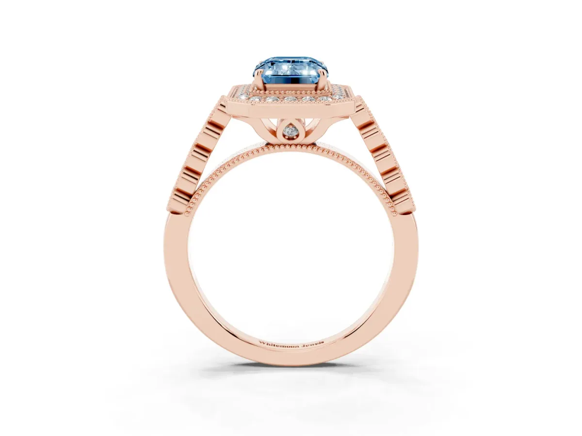 Fancy Blue Emerald Cut Halo Milgrain Solitaire with Bezel Set Side Stones and Pave Band Rose gold
