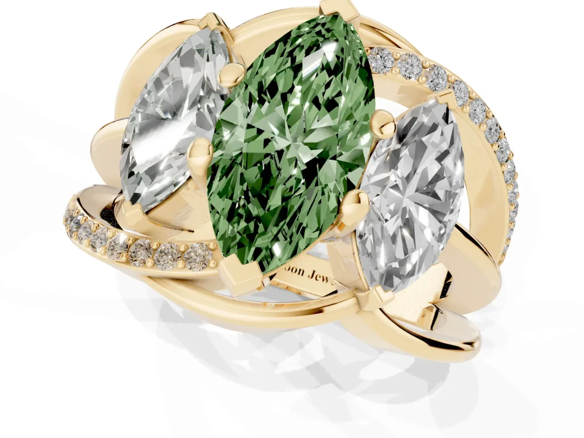 Fancy Green Three-Stone Marquise Cut Cut Diamond Split Shank Prong Set Ring Yellow gold
