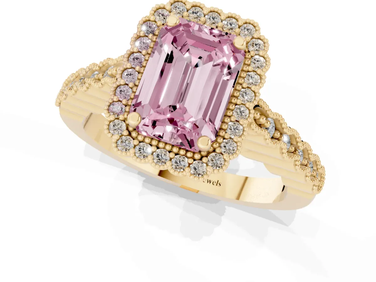 Fancy Pink Emerald Cut Cut Halo Pavé Solitaire Ring with Milgrain Band Yellow gold