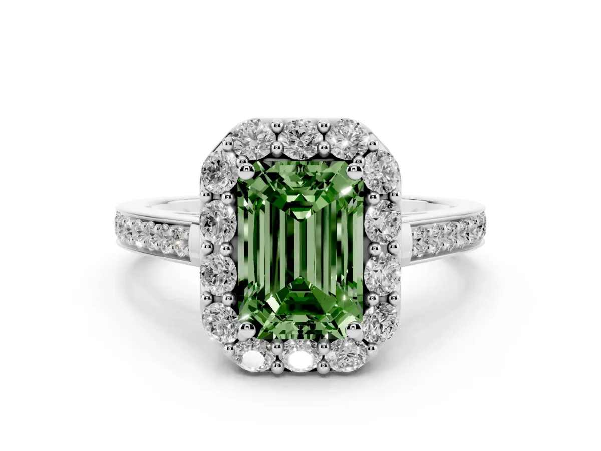 Fancy Green Emerald Cut Diamond Floral Halo Ring with Pavé Band and Prong Setting White gold