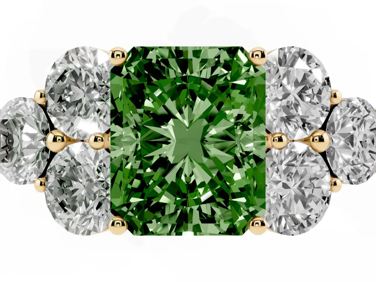 Fancy Green Radiant Cut Cut Diamond Cluster Ring with Round Accent Stones and Prong Setting on a Classic Band Yellow gold
