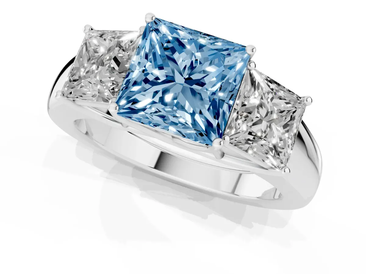 Fancy Blue Three-Stone Princess Cut Cut Diamond Ring with Prong Setting and Classic Band Silver
