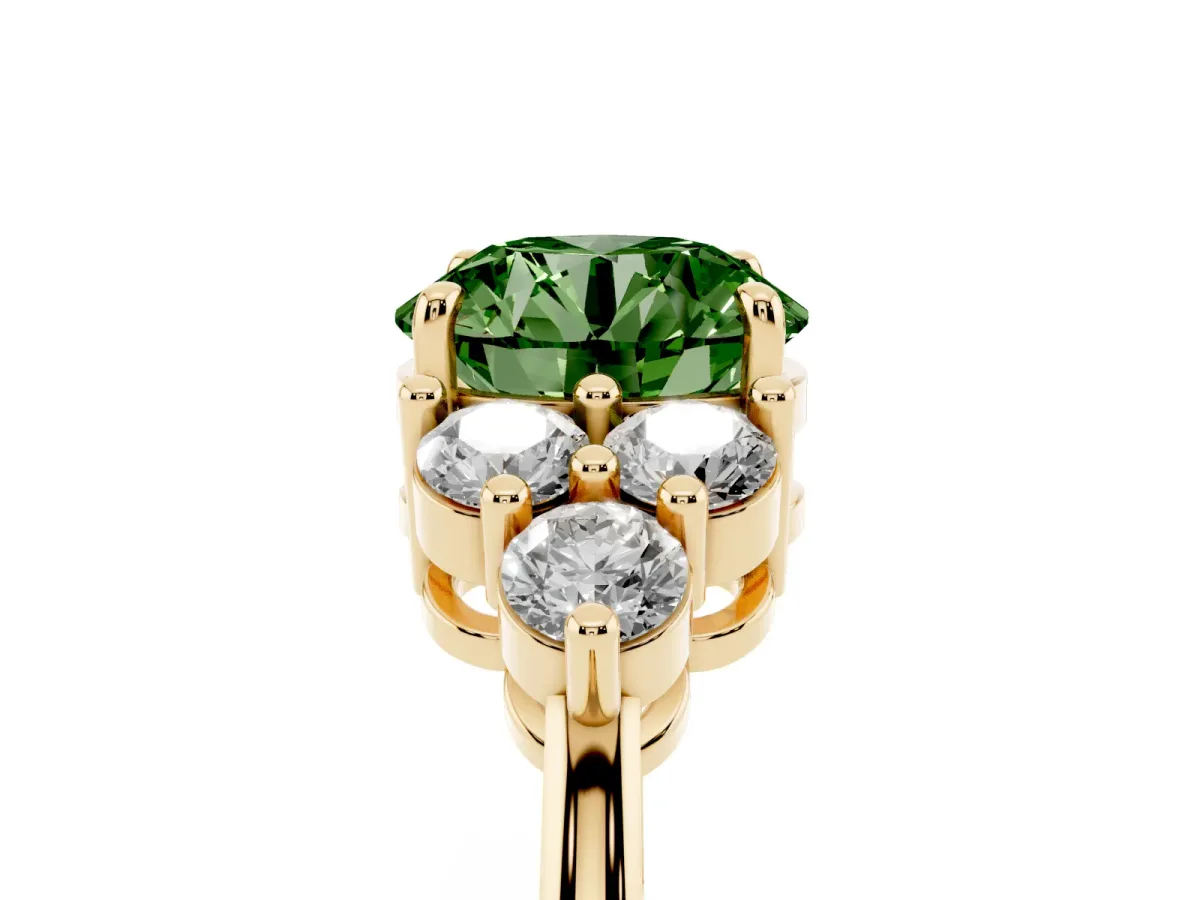 Fancy Green Round Cut Brilliant Diamond Cluster Accent Solitaire Ring with Prong Setting Yellow gold