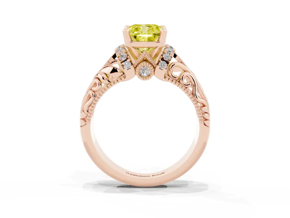 Fancy Yellow Cushion Cut Solitaire Filigree Engagement Ring with Halo and Prong Setting Rose gold