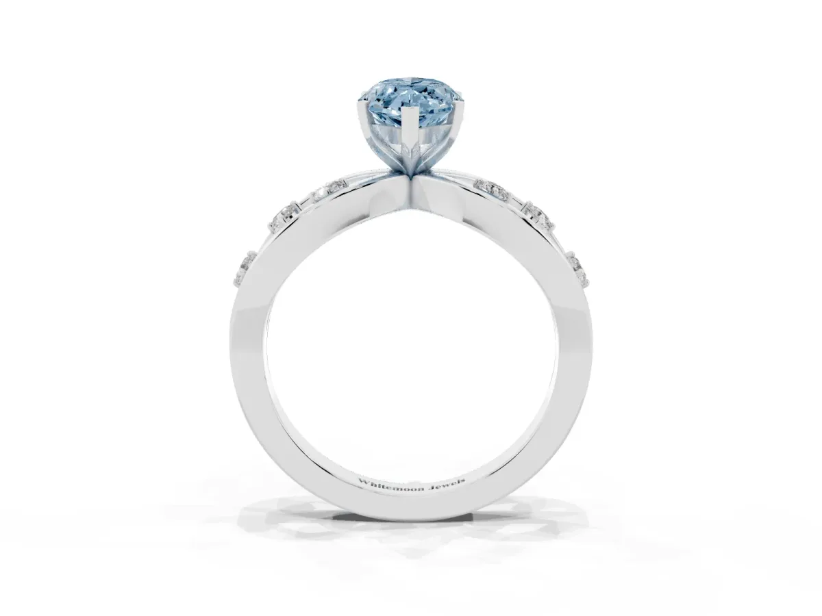 Fancy Blue Marquise Cut Cut Solitaire Diamond with Side Stones on Criss-Cross Band and Four-Prong Setting Silver