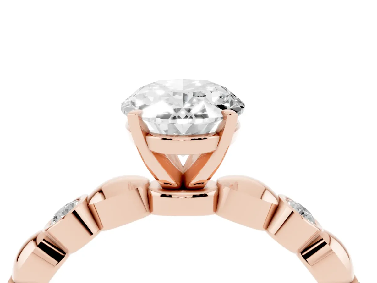 Oval Cut Solitaire Bezel-Set Diamond Ring with Beaded Band and Four-Prong Setting Rose gold