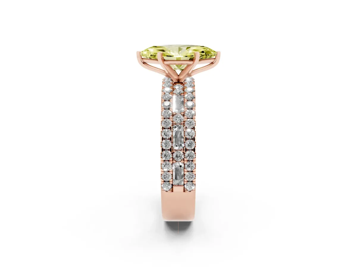 Fancy Yellow Marquise Cut Diamond Solitaire Ring with Pavé and Channel Set Band Rose gold