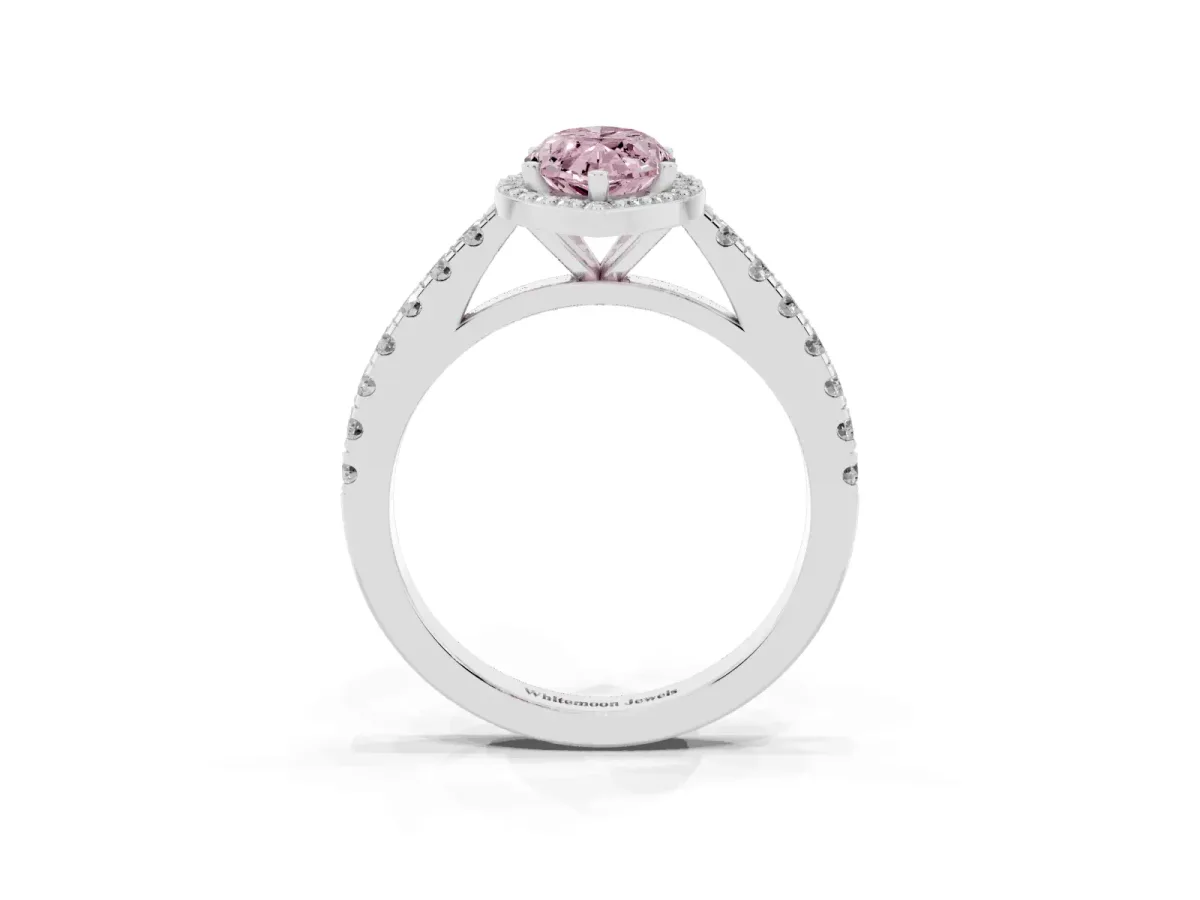Fancy Pink Marquise Cut Cut Halo Diamond Engagement Ring with Pave Band and Four-Prong Setting White gold