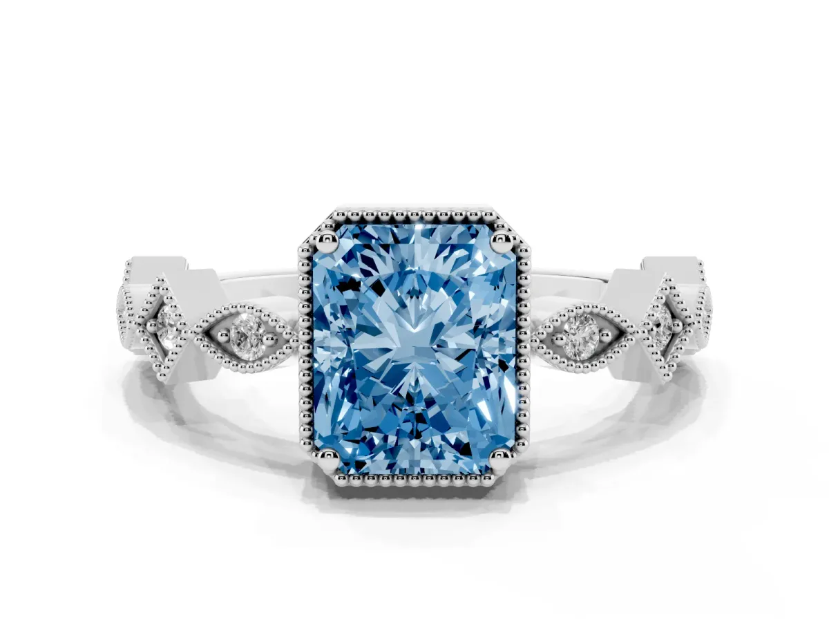 Fancy Blue Radiant Cut Milgrain Marquise Diamond Twist Band Ring Silver