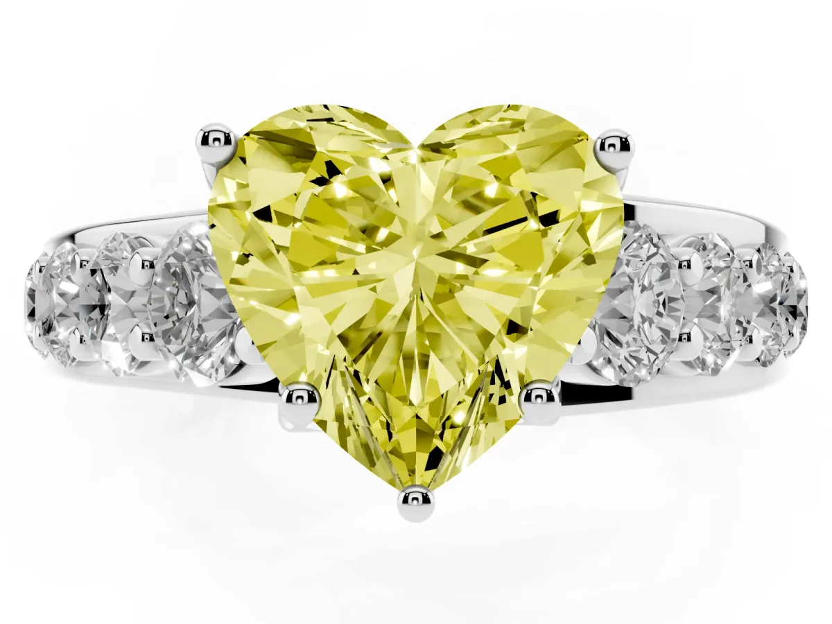 Fancy Yellow Heart Cut Diamond Engagement Ring with Pavé Band and Four-Prong Setting White gold