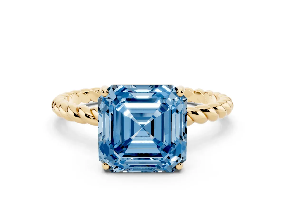 Fancy Blue Asscher Cut Solitaire Twisted Band 4-Prong Ring Yellow gold