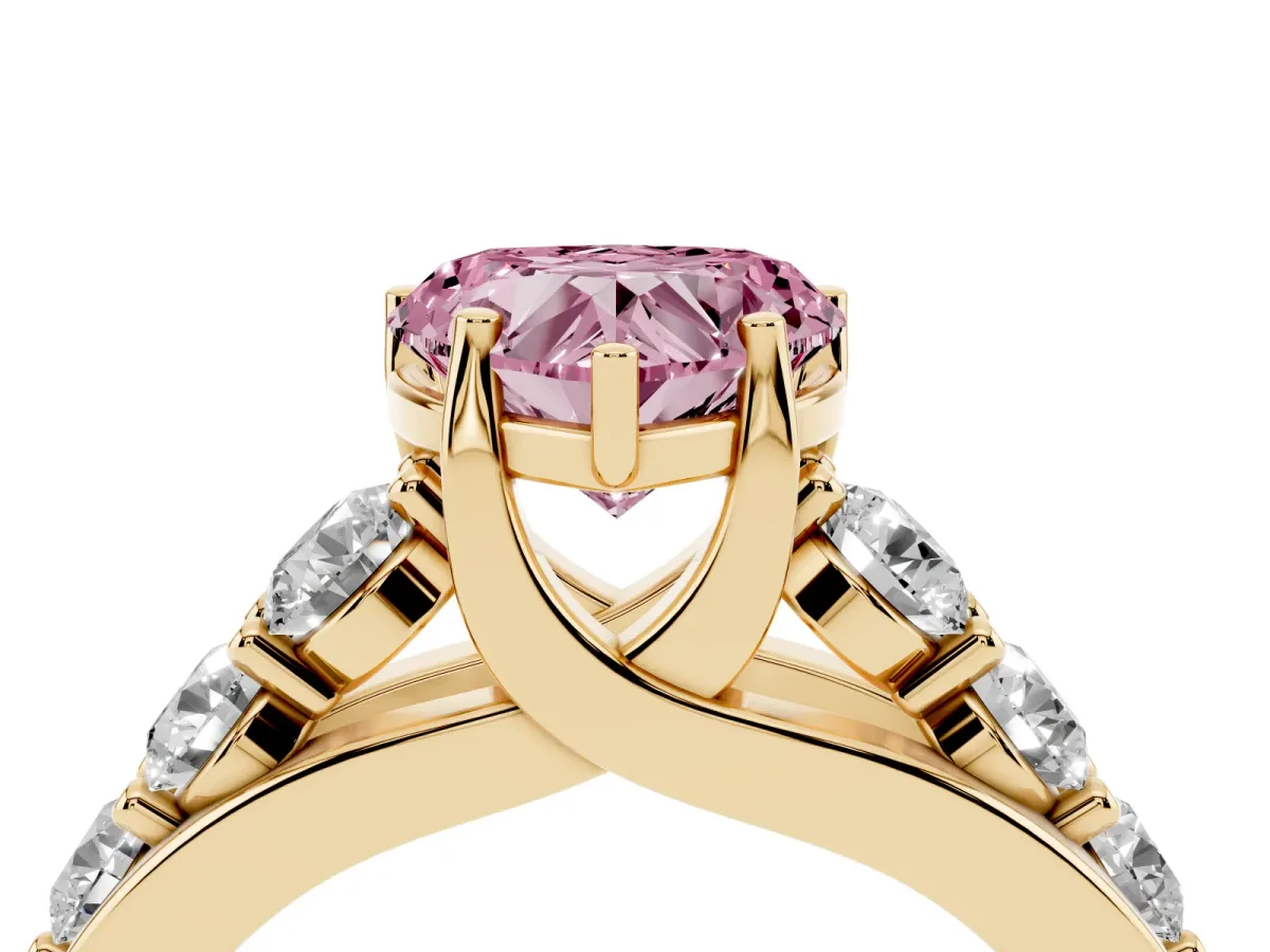 Fancy Pink Heart Cut Diamond Engagement Ring with Pavé Band and Four-Prong Setting Yellow gold