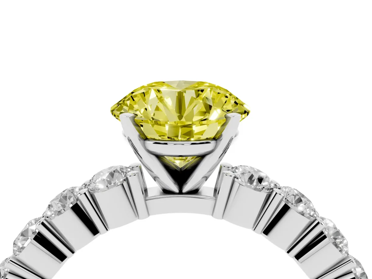 Fancy Yellow Round Cut Diamond Solitaire Ring with Shared Prong Round Side Stones Silver