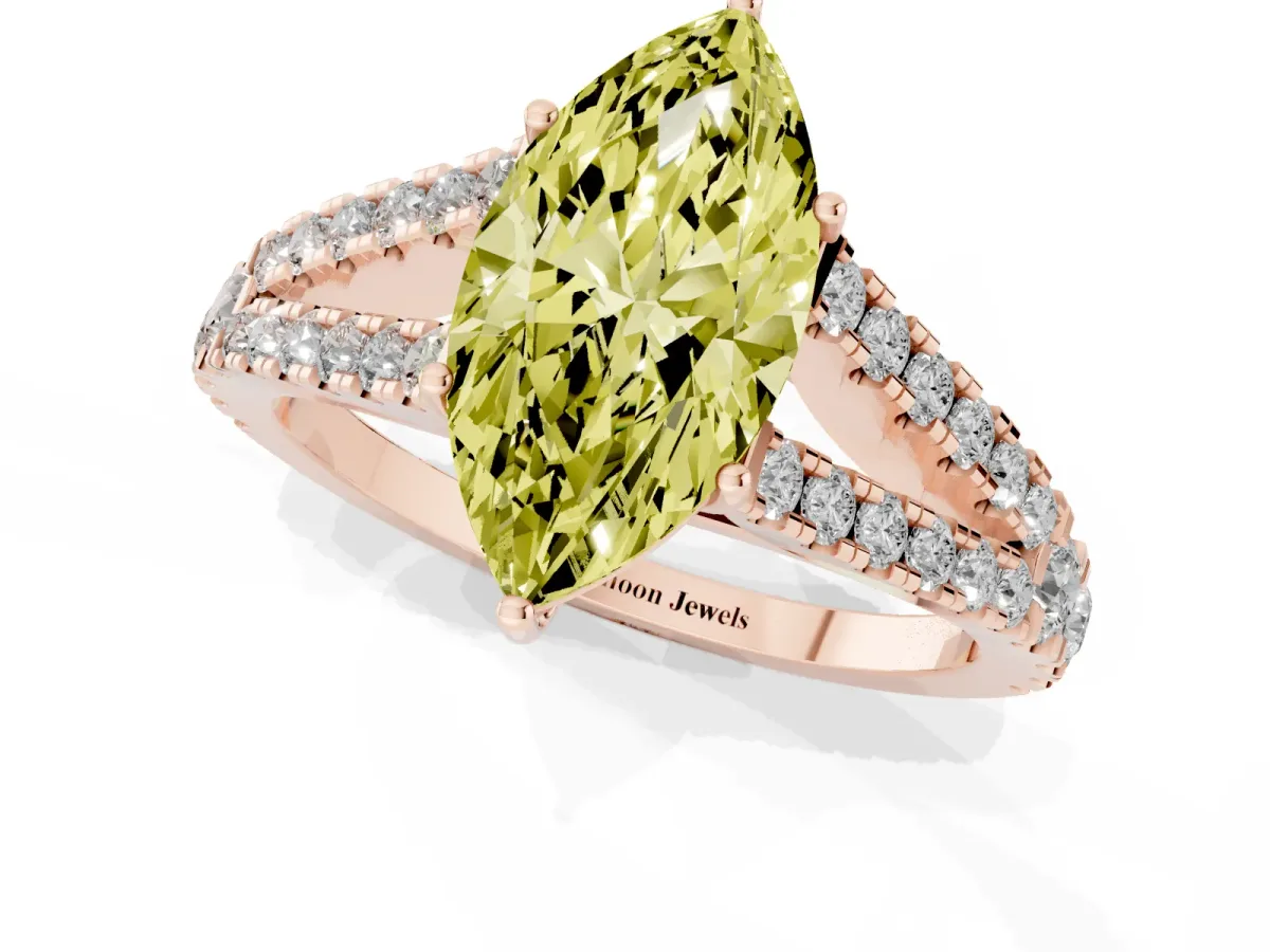 Fancy Yellow Marquise Cut Diamond Split Shank Pavé Engagement Ring with Four-Prong Setting Rose gold
