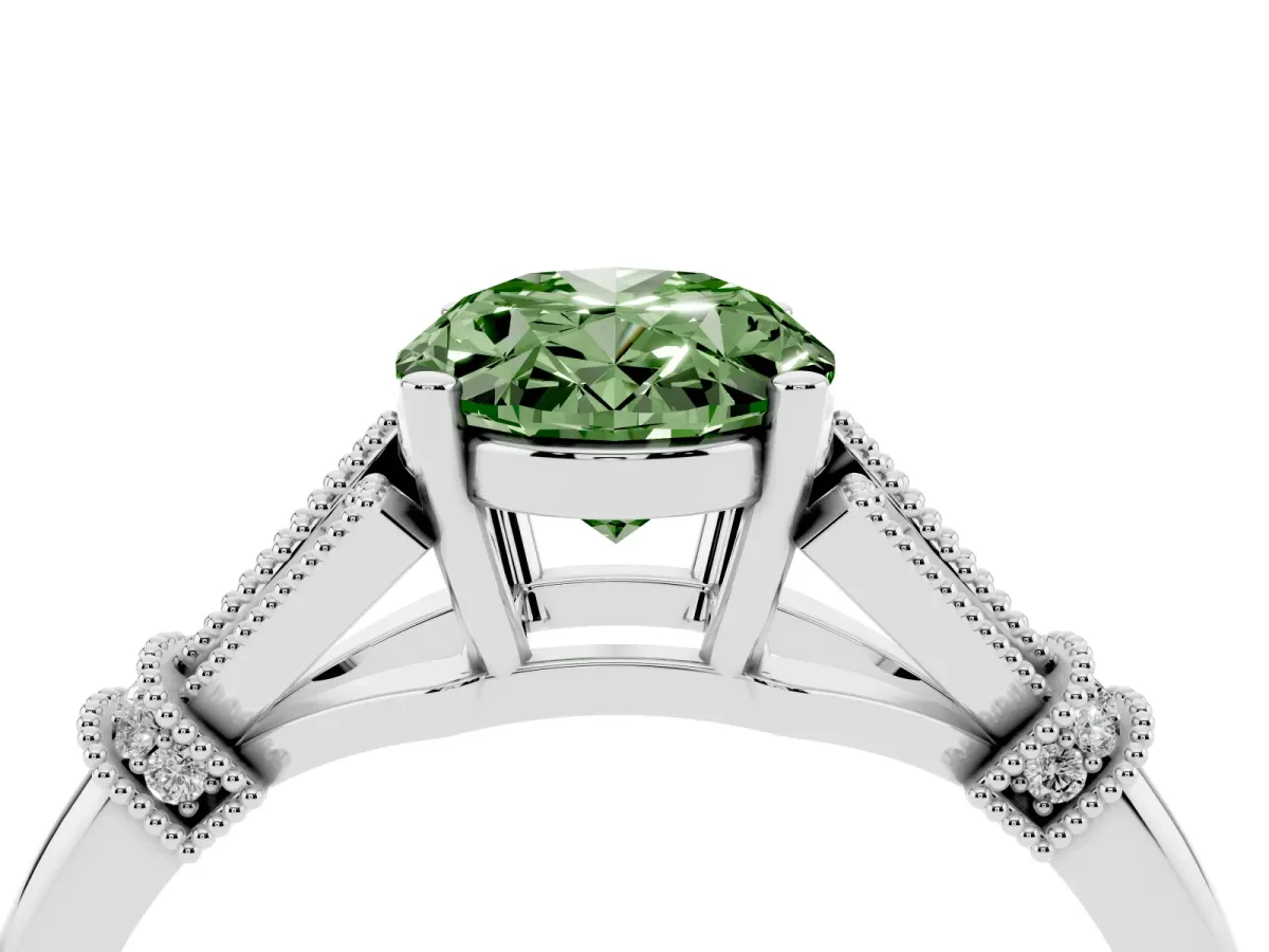Fancy Green Oval Cut Diamond Solitaire Ring with Floral Filigree and Pave Accents Silver