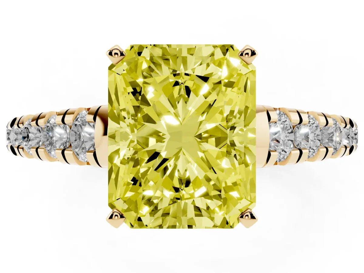 Fancy Yellow Radiant Cut Diamond Cathedral Solitaire Ring with Round Pavé Band Yellow gold