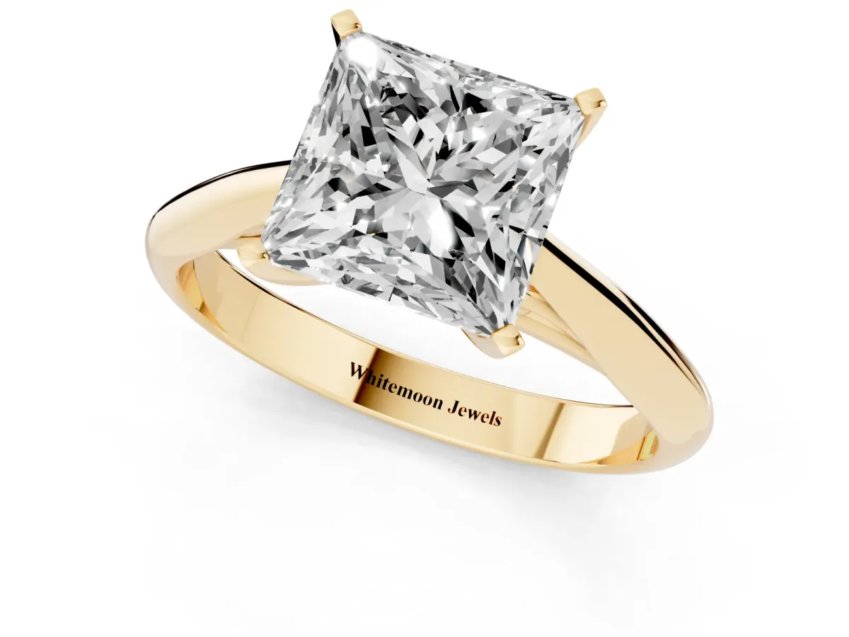 Princess Cut Diamond Solitaire Engagement Ring with Cathedral Setting and Four-Prong Mount Yellow gold