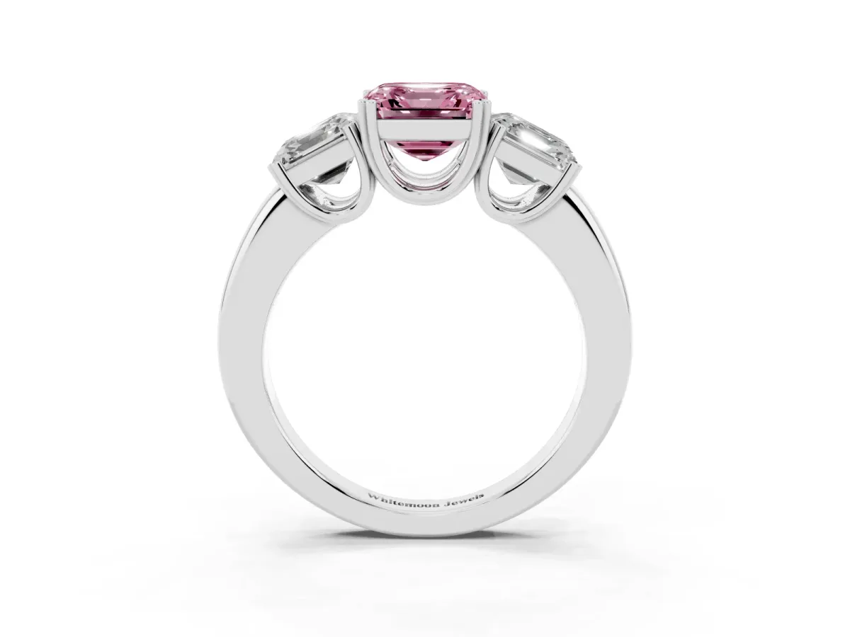 Fancy Pink Three-Stone Asscher Cut Cut Diamond Ring with Channel Set Band and Four-Prong Setting Silver