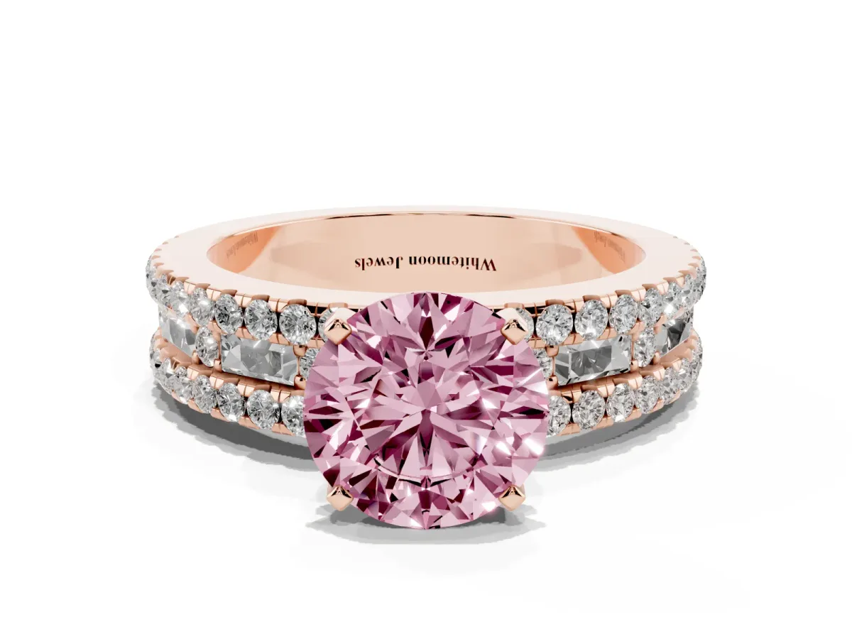 Fancy Pink Round Cut Diamond Solitaire Ring with Pavé and Channel Set Band Rose gold