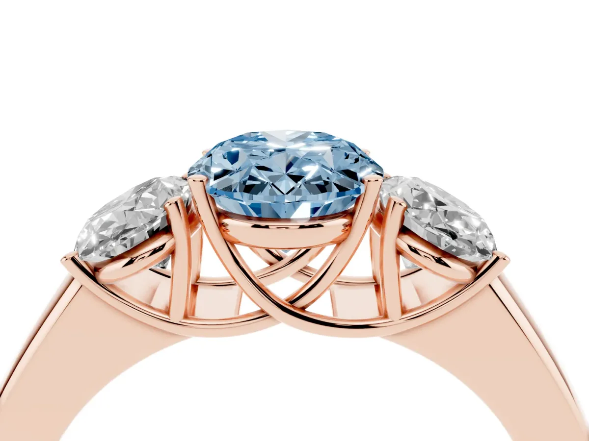 Fancy Blue Three-Stone Oval Cut Cut Diamond Ring with Prong Setting and Classic Band Rose gold