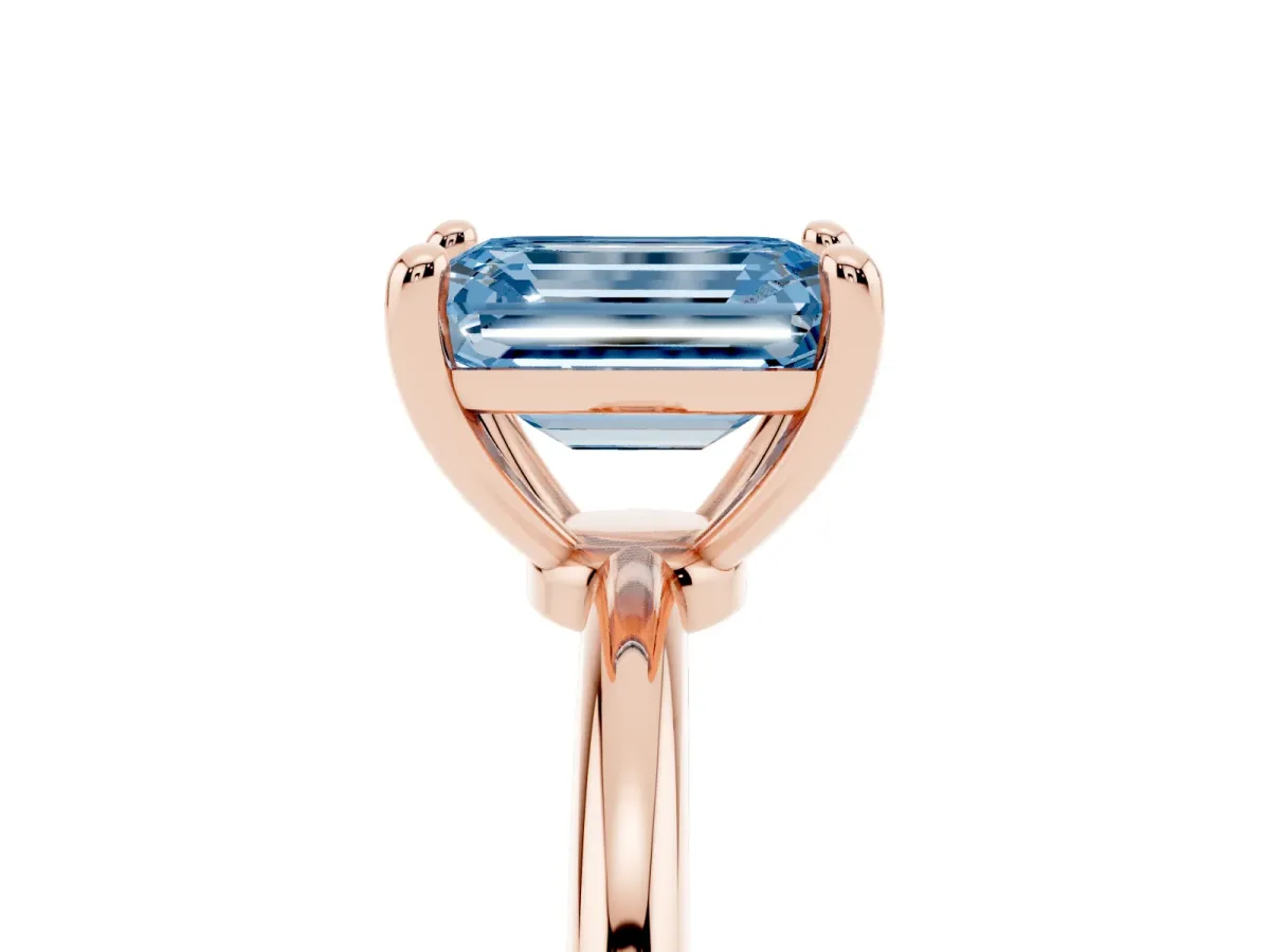 Fancy Blue Emerald Cut Solitaire Diamond Ring with 4-Prong Setting on a Classic Band Rose gold