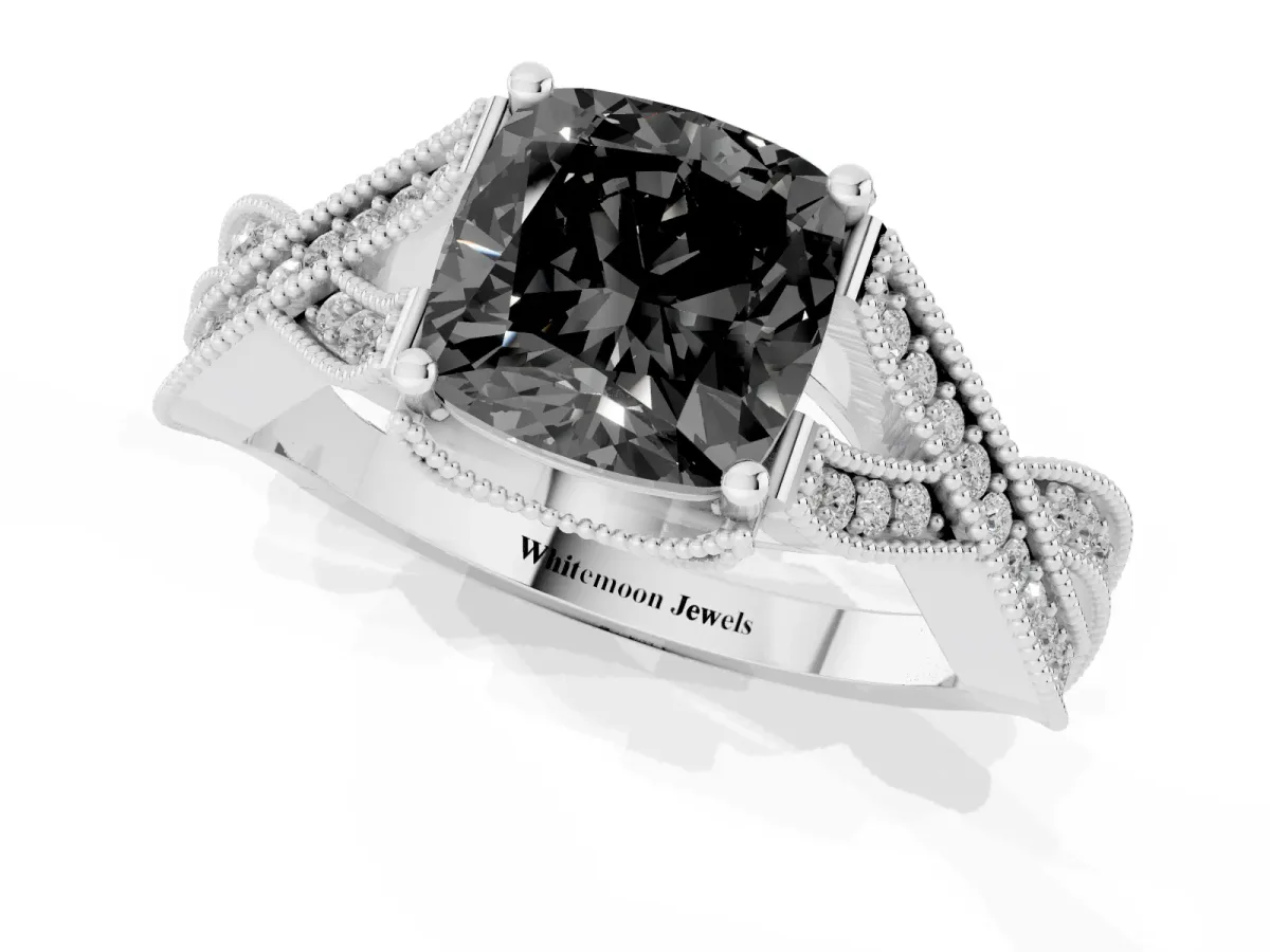 Fancy Black Cushion Cut Cut Diamond Twisted Band with Milgrain Pave Setting and Four-Prong Setting Silver