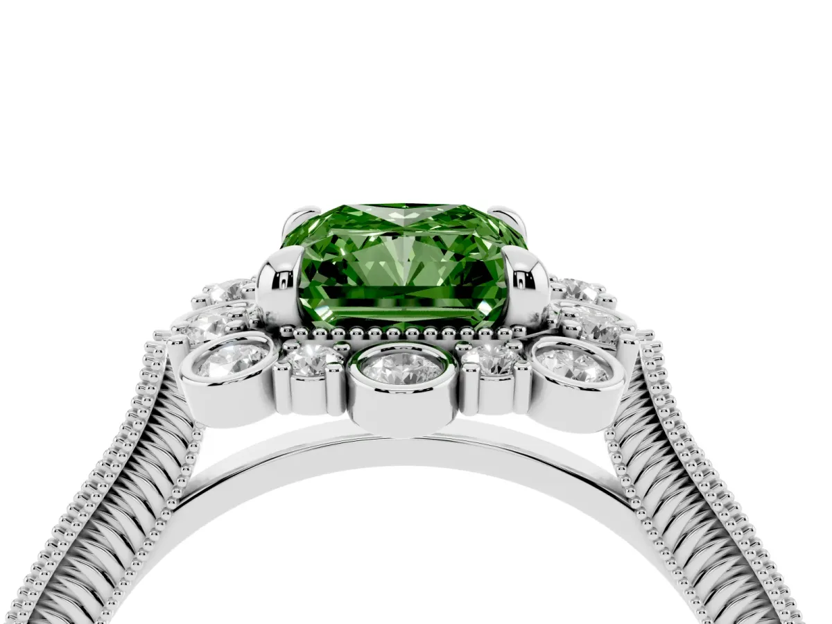 Fancy Green Radiant Cut Halo Milgrain Pave Diamond Ring with Four-Prong Setting Silver