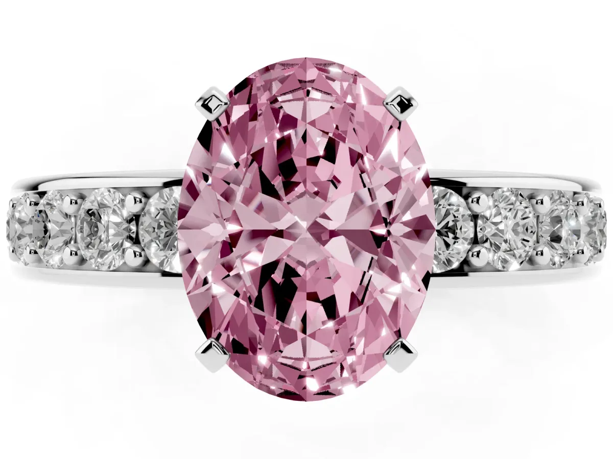 Fancy Pink Oval Cut Diamond Engagement Ring with Channel Set Round Band and Prong Setting Silver