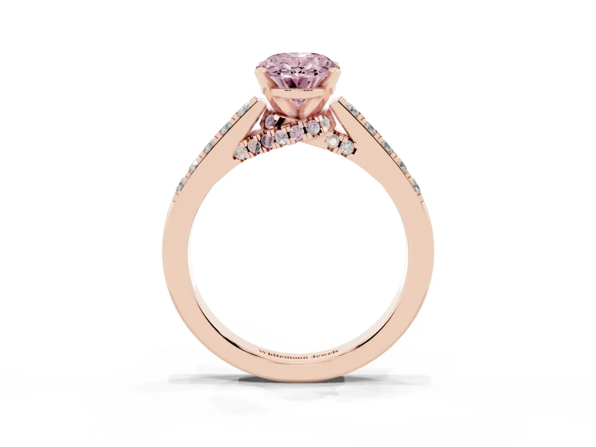 Fancy Pink Oval Cut Diamond Solitaire Ring with Crossover Gallery and Round Pavé Band Rose gold
