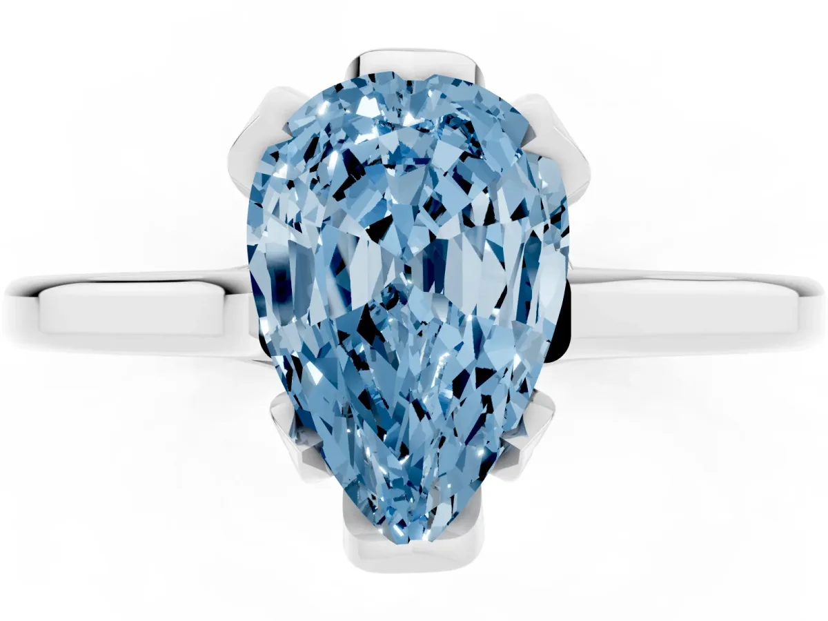 Fancy Blue Pear Cut Diamond Solitaire Ring with Flower Prong Setting and Classic Band Platinum