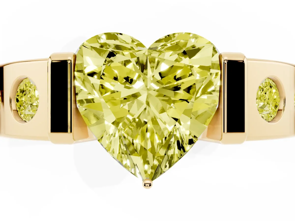Fancy Yellow Heart Cut Brilliant Channel-Set Diamond Ring with Bezel Prong Setting Yellow gold
