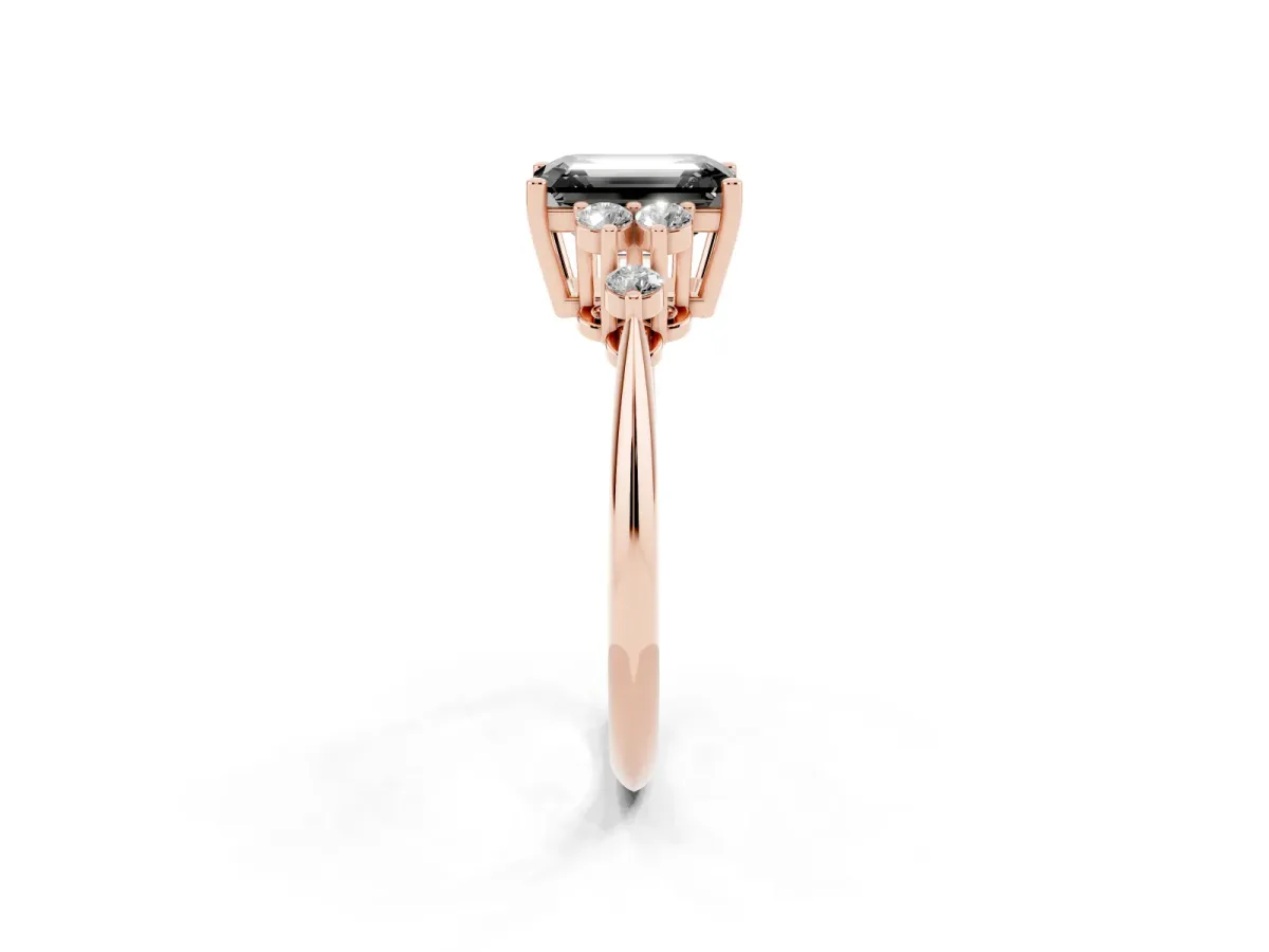 Fancy Black Emerald Cut Cut Diamond Cluster Ring with Solitaire Band and Four-Prong Setting Rose gold