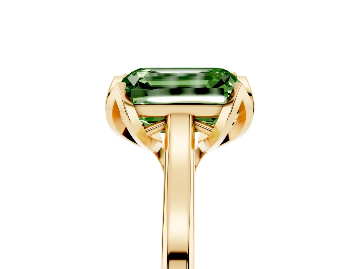 Fancy Green Emerald Cut Diamond Solitaire Ring with Flower Prong Setting and Classic Band Yellow gold
