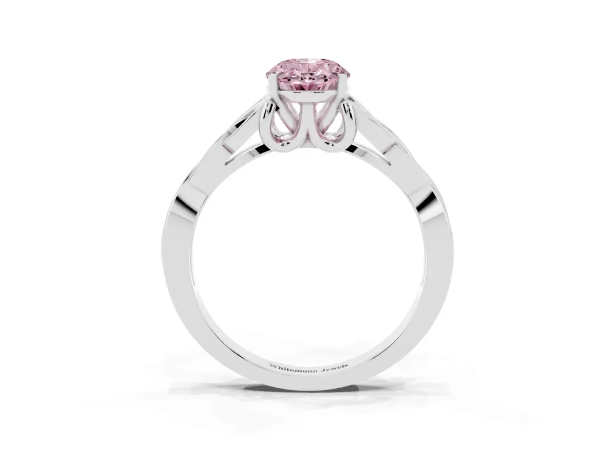 Fancy Pink Oval Cut Diamond Solitaire Engagement Ring with Celtic Knot Band and Four-Prong Setting White gold