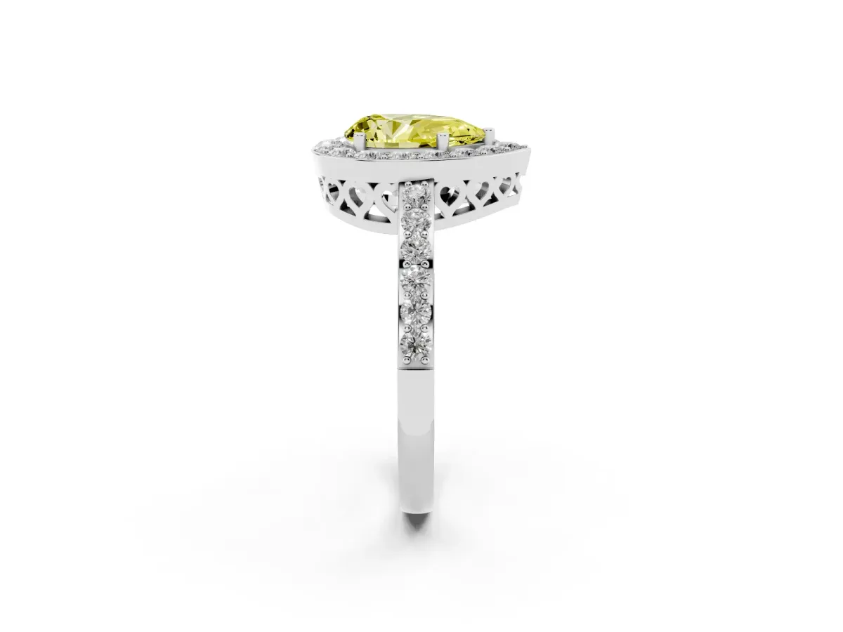 Fancy Yellow Pear Cut Halo Diamond Pavé Band Ring with Prong Setting Silver