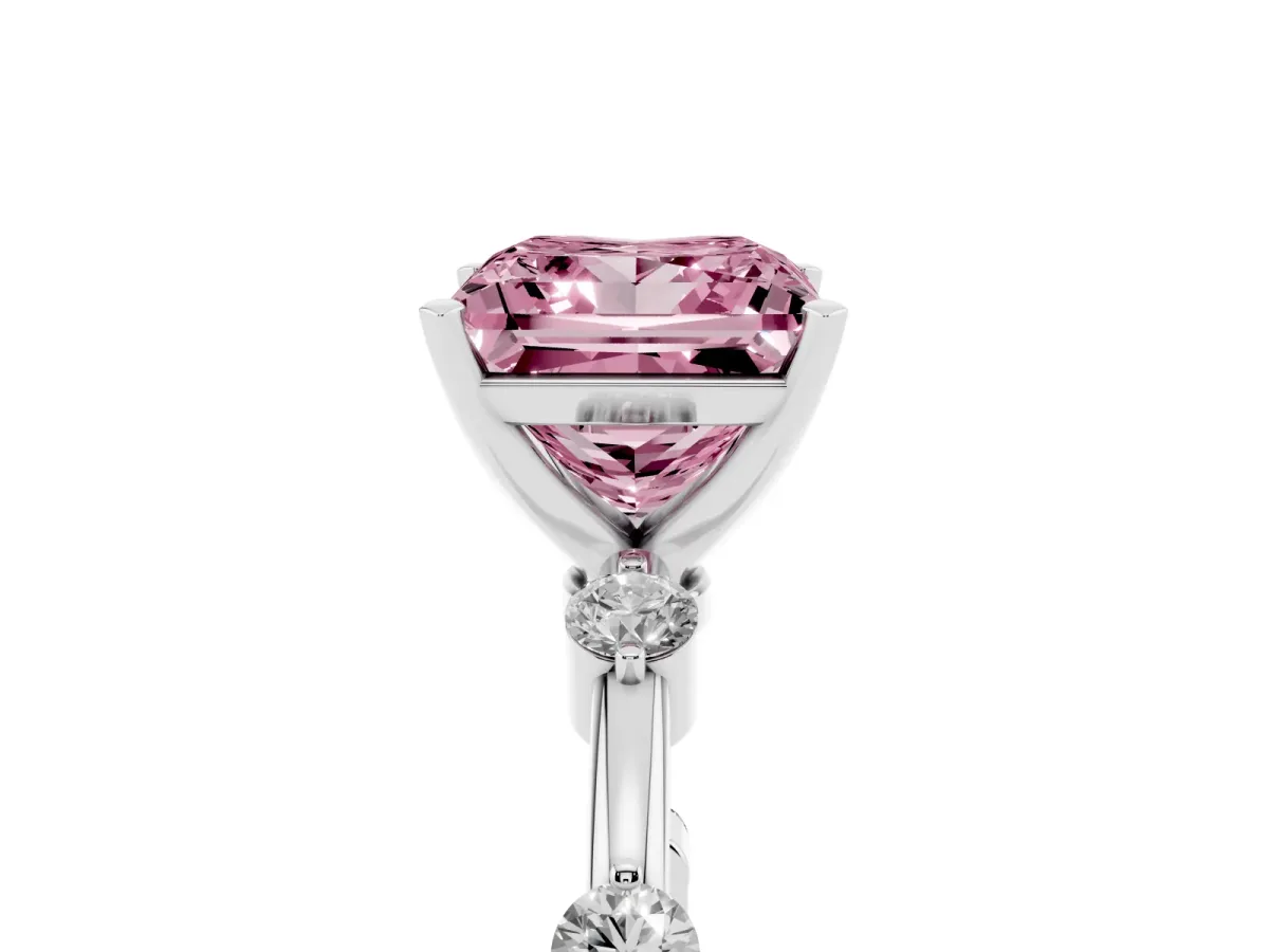 Fancy Pink Princess Cut Solitaire Diamond Ring with Bezel Set Side Stones and Prong Setting Silver