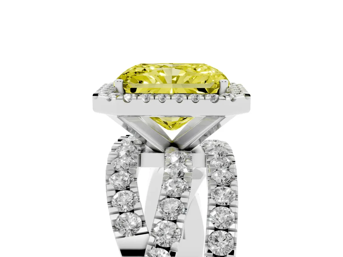 Fancy Yellow Radiant Cut Diamond Halo Ring with Round Split Shank and Prong Setting Silver