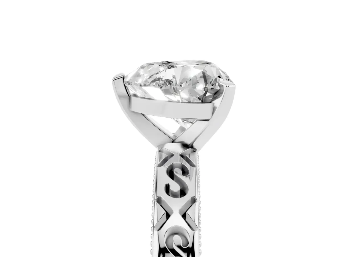 Heart Cut Solitaire Engagement Ring with Scrollwork Band and Four-Prong Setting White gold