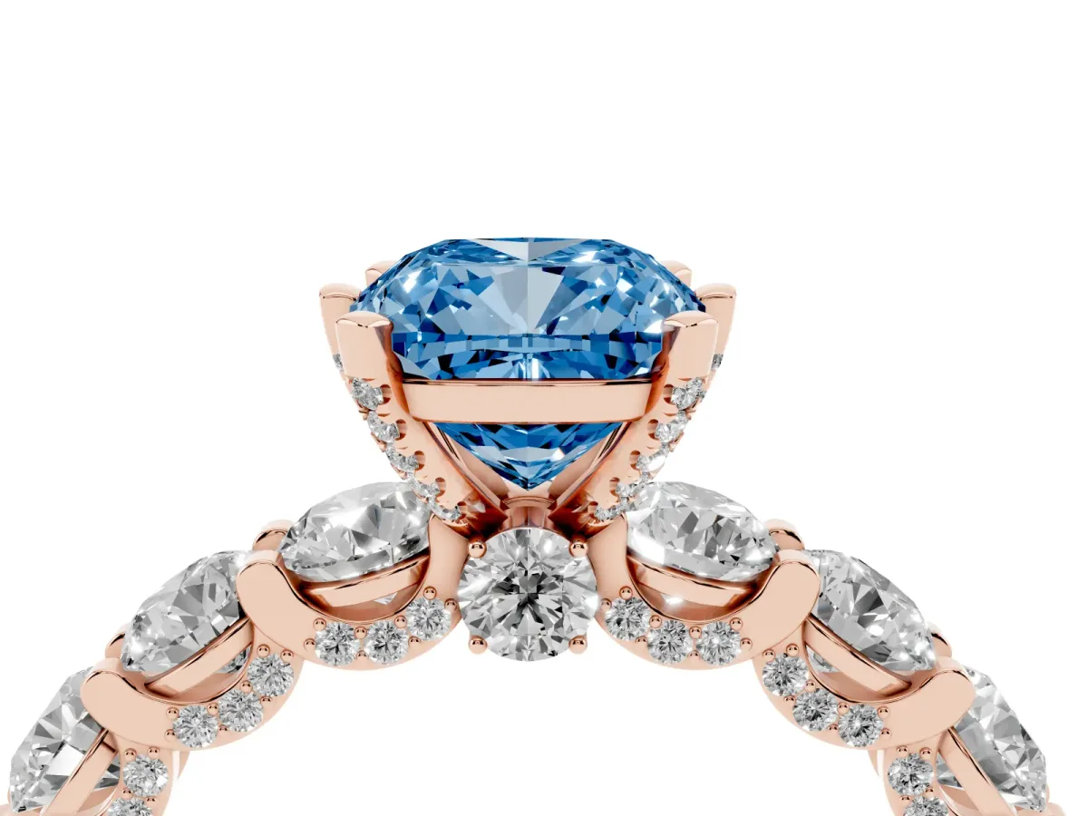 Fancy Blue Cushion Cut Diamond Side Stone Engagement Ring with Four-Prong Setting Rose gold