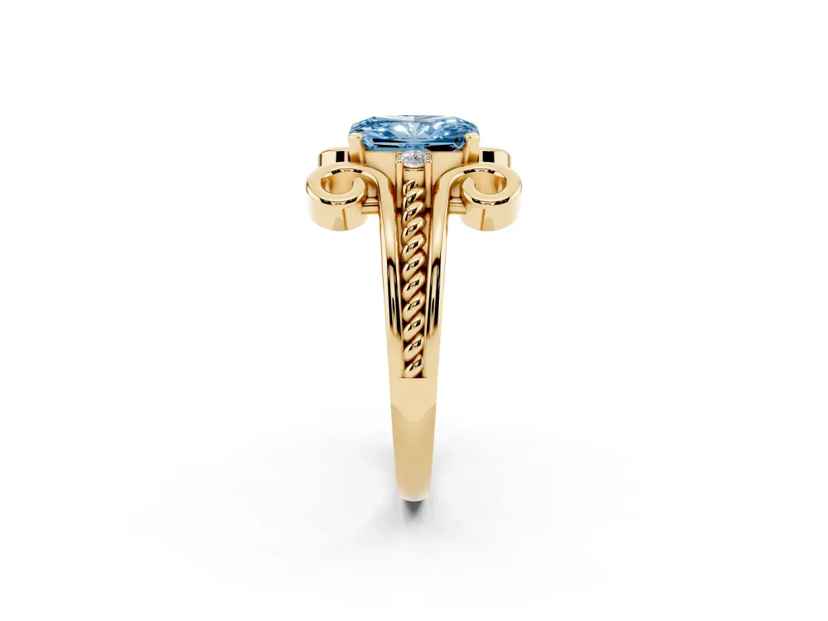 Fancy Blue Radiant Cut Solitaire Twisted Band Scroll Prong Ring Yellow gold