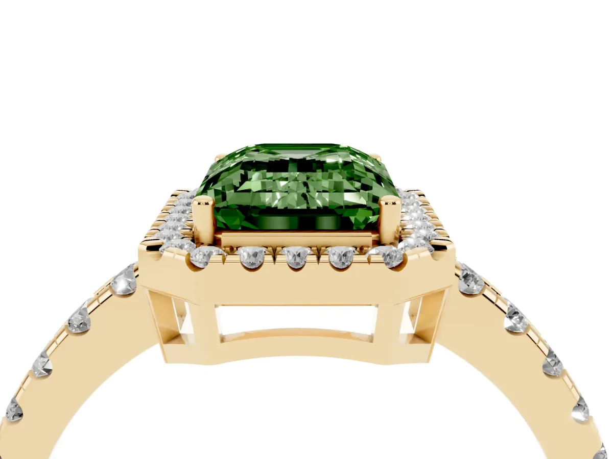 Fancy Green Emerald Cut Diamond Halo Ring with Pavé Band and Four-Prong Setting Yellow gold