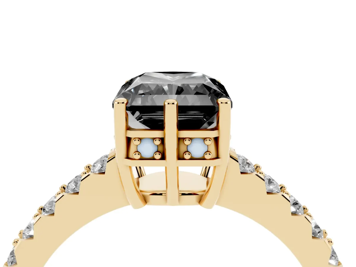 Fancy Black Radiant Cut Solitaire Diamond Engagement Ring with Pavé Band and Six-Prong Setting Yellow gold