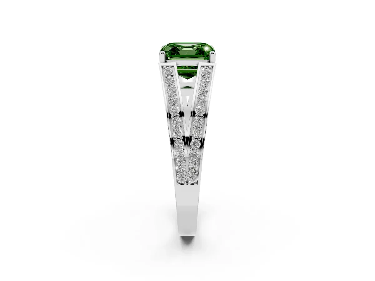 Fancy Green Asscher Cut Diamond Split Shank Ring with Pavé Band and Four-Prong Setting Silver