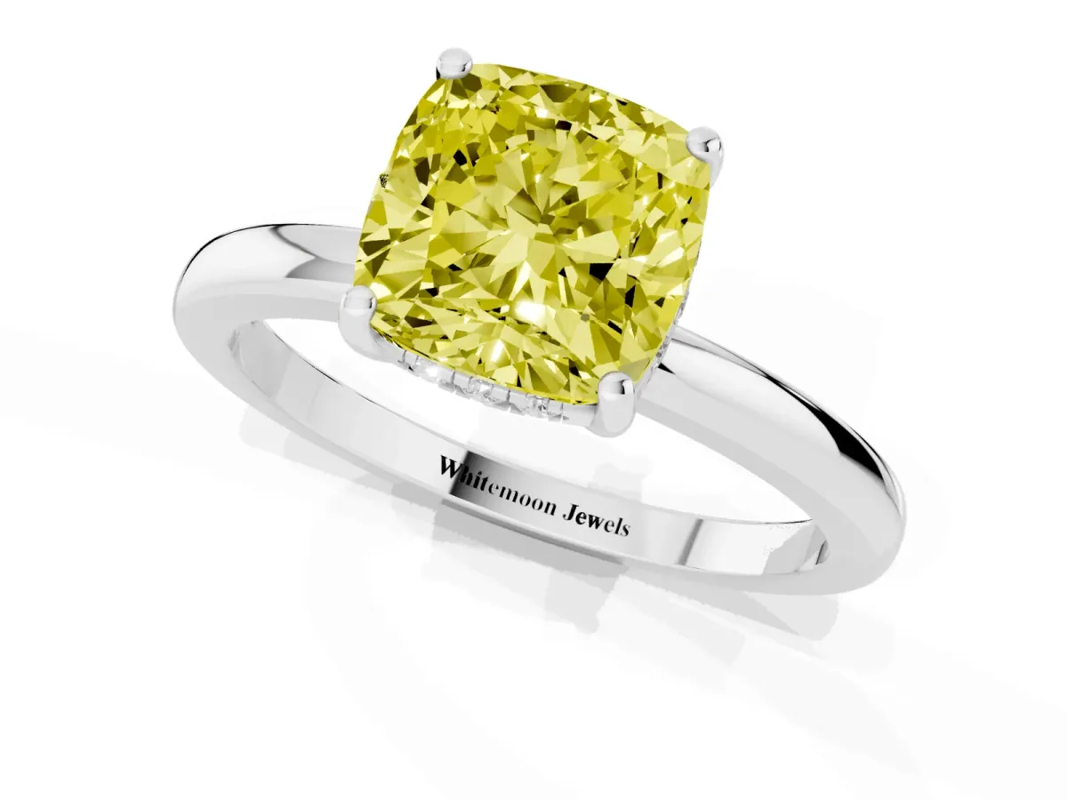 Fancy Yellow Cushion Cut Solitaire Diamond Ring with Prong Setting and Plain Band Platinum