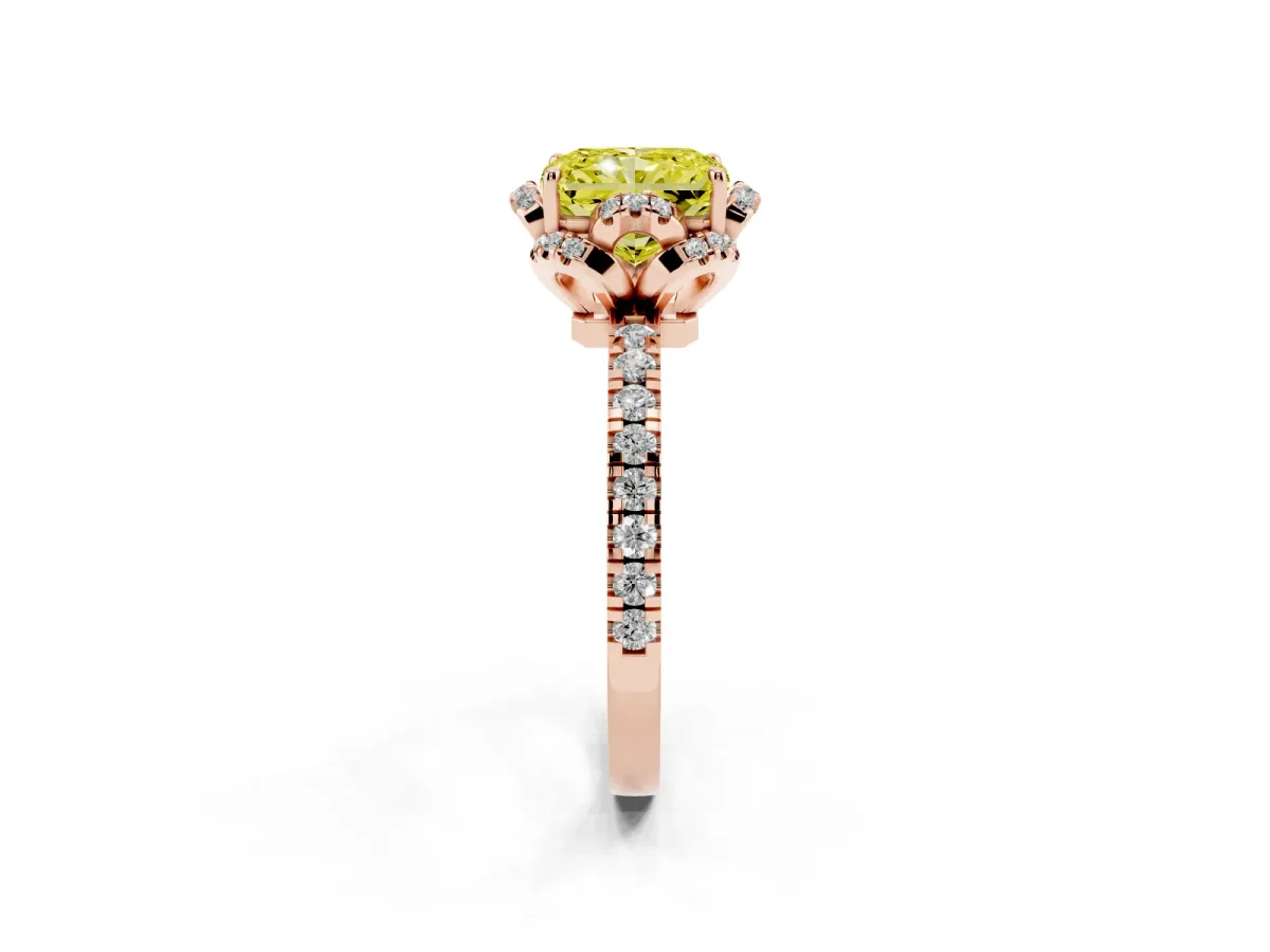 Fancy Yellow Radiant Cut Halo Diamond Pave Band Ring with Four-Prong Setting Rose gold